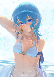 Rule 34 | 1girl, absurdres, arm up, bikini, blue eyes, blue hair, breasts, chakuma (yiyh1468), closed mouth, earrings, hair between eyes, highres, hololive, hoshimachi suisei, jewelry, long hair, looking at viewer, navel, o-ring, o-ring top, small breasts, solo, star (symbol), star in eye, stomach, swimsuit, symbol in eye, virtual youtuber, water, white bikini