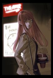 Rule 34 | 1girl, bag, blunt bangs, chainsaw man, city, cup, drink, eyelashes, hair flowing over, handbag, highres, jacket, kamo (kamonegioisi), long hair, long sleeves, looking at viewer, makima (chainsaw man), open clothes, open jacket, pants, red hair, ringed eyes, road, shirt, smile, solo, street, yellow eyes