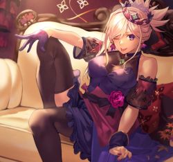 Rule 34 | 1girl, bare shoulders, breasts, commentary request, couch, crown, dress, earrings, fate/grand order, fate (series), gloves, highres, hiro (hirohiro gorira), jewelry, looking at viewer, medium breasts, miyamoto musashi (fate), one eye closed, ponytail, purple eyes, single wrist cuff, sitting, solo, thighhighs, tongue, tongue out, white hair, wrist cuffs, zettai ryouiki