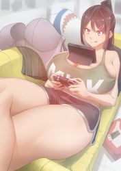 Rule 34 | 1girl, bare arms, bare legs, black hair, black shorts, black skirt, bra, bra lift, breasts, cleavage, commentary request, controller, curvy, cushion, dolphin shorts, game controller, green tank top, hair ornament, highres, huge breasts, object on breast, original, pleated skirt, ponytail, purple bra, purple eyes, short shorts, shorts, sitting, skirt, soia180, solo, stuffed animal, stuffed shark, stuffed toy, tank top, thick thighs, thighs, tongue, underwear, unworn bra, unworn skirt, v-shaped eyebrows