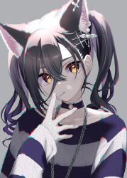 Rule 34 | 1girl, a01macaron, alternate costume, animal ears, black hair, blush, candy, cat ears, chain, chain necklace, choker, extra ears, food, glitch, head tilt, highres, idolmaster, idolmaster cinderella girls, jewelry, lollipop, looking at viewer, mole, mole under eye, necklace, o-ring, o-ring choker, piercing, shirt, slit pupils, solo, striped clothes, striped shirt, sunazuka akira, twintails, upper body