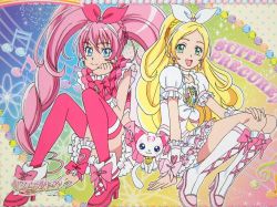 Rule 34 | 10s, 2girls, :3, :d, blonde hair, blue eyes, boots, bow, cat, choker, copyright name, cure melody, cure rhythm, eyelashes, green eyes, hair ribbon, houjou hibiki, hummy (suite precure), knee boots, logo, long hair, magical girl, minamino kanade, multiple girls, musical note, official art, open mouth, pink bow, pink hair, pink legwear, precure, quaver, rainbow background, ribbon, sitting, smile, staff (music), suite precure, thighhighs, treble clef, twintails, very long hair, white choker