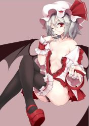 Rule 34 | 1girl, ass, bare shoulders, bat wings, belt, black thighhighs, breasts, collar, covering privates, covering breasts, dress shirt, flat chest, frills, hat, hat ribbon, jpeg artifacts, looking at viewer, mary janes, midriff, mob cap, navel, off shoulder, one eye closed, open clothes, open shirt, red eyes, remilia scarlet, ribbon, shirt, shoes, short hair, silver hair, simple background, small breasts, smile, solo, thighhighs, touhou, utakata (kochou no yume), wings, wrist cuffs