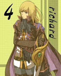Rule 34 | 1boy, bad id, bad pixiv id, blonde hair, character name, ascot, lowres, male focus, richard (tales), shibanashi miso, solo, sword, tales of (series), tales of graces, una, weapon, yellow background, yellow eyes
