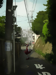 Rule 34 | 1girl, animal ears, brown eyes, brown hair, cat ears, cat girl, cat tail, chen, city, contemporary, dress, female focus, green hat, hat, highres, looking back, multiple tails, murasin, nature, outdoors, plant, power lines, short hair, sky, solo, standing, tail, touhou, two tails
