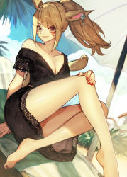 Rule 34 | 1girl, animal ears, warrior of light (ff14), barefoot, blonde hair, breasts, cat ears, cat tail, cleavage, day, dress, earrings, facial mark, final fantasy, final fantasy xiv, hide (hideout), highres, jewelry, long hair, looking at viewer, medium breasts, miqo&#039;te, parasol, ponytail, red eyes, sitting, smile, solo, tail, umbrella, whisker markings