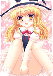 Rule 34 | 1girl, bad id, bad pixiv id, blonde hair, blush, bow, braid, covering privates, covering crotch, hair bow, hat, hat bow, highres, kirisame marisa, legs, open mouth, shimotsuki keisuke, side braid, solo, thighs, touhou, witch hat, yellow eyes