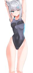 Rule 34 | 1girl, absurdres, animal ears, armpits, arms up, bad anatomy, bare arms, bare legs, bare shoulders, black one-piece swimsuit, blue archive, blue eyes, blush, closed mouth, competition swimsuit, cross hair ornament, feet out of frame, grey hair, hair ornament, highres, isocha, medium hair, official alternate costume, one-piece swimsuit, one eye closed, shiroko (blue archive), shiroko (swimsuit) (blue archive), simple background, solo, swimsuit, white background, wolf ears