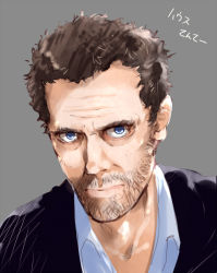 Rule 34 | 1boy, blue eyes, brown hair, facial hair, gregory house, house m.d., male focus, matsuno canel, simple background, solo, stubble, upper body