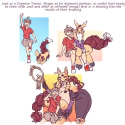 Rule 34 | 1boy, 1girl, blush, breasts, cleavage, curvy, digimon, digimon (creature), gigantic breasts, glasses, looking at another, mask, n647, original, pokomon (digimon), renamon, sakuyamon, thick thighs, thighs, transformation, wide hips, yin yang