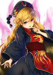 Rule 34 | 1girl, bad id, bad pixiv id, black dress, blonde hair, breasts, chinese clothes, cowboy shot, dress, energy, finger to mouth, fox tail, hat, highres, junko (touhou), long hair, long sleeves, looking at viewer, multiple tails, obi, pyonsuke (pyon2 mfg), red eyes, sash, simple background, smile, solo, tabard, tail, touhou, very long hair, white background, wide sleeves