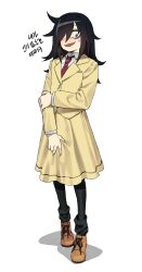 1girl absurdres bags_under_eyes black_hair blue_eyes brown_footwear english_text full_body hair_over_one_eye highres jacket kuroki_tomoko long_hair looking_at_viewer messy_hair necktie open_mouth p_(pm_611a) pantyhose school_uniform solo watashi_ga_motenai_no_wa_dou_kangaetemo_omaera_ga_warui!