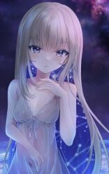 Rule 34 | 1girl, amanogawa shiina, blonde hair, blue eyes, constellation, covered navel, dress, flat chest, furuca, highres, long hair, multicolored hair, night, phase connect, see-through, see-through dress, solo, upper body, water, wet, wet clothes, wet dress