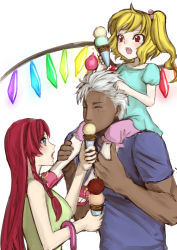 Rule 34 | 1boy, 2girls, age difference, bad id, bad pixiv id, blonde hair, dark skin, flandre scarlet, food, hong meiling, ice cream, krizalid, long hair, m.u.g.e.n, multiple girls, red hair, senmi aki, short hair, size difference, snk, the king of fighters, touhou, wings