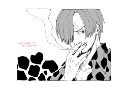 Rule 34 | 1boy, cigarette, collared shirt, commentary request, copyright name, fingernails, greyscale, hair over one eye, hand up, heart, heart-shaped pupils, highres, looking at viewer, male focus, monochrome, nata kokone, one piece, sanji (one piece), shirt, short hair, smoking, symbol-shaped pupils, twitter username