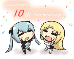 Rule 34 | 10s, 2girls, arnval mk2, black legwear, blonde hair, blue hair, blush, blush stickers, busou shinki, chibi, commentary request, confetti, drooling, closed eyes, goma (gomasamune), hair ornament, hands on own face, long hair, mecha musume, mouth drool, multiple girls, open mouth, sketch, smile, strarf mk2, thighhighs, twintails, unitard, valona, white legwear