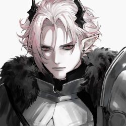 Rule 34 | 1boy, arknights, armor, black horns, chinese commentary, closed mouth, commentary request, earrings, fur collar, gradient hair, highres, horns, jewelry, looking at viewer, male focus, multicolored hair, nine5895254196, pauldrons, pink eyes, pink hair, pointy ears, portrait, short hair, shoulder armor, simple background, single pauldron, slit pupils, solo, theresis (arknights), white background, white hair