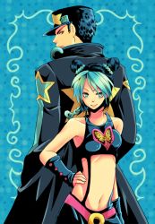 Rule 34 | 1boy, 1girl, age difference, arm warmers, back-to-back, belt, black hair, blue eyes, blue hair, bug, butterfly, butterfly (symbol), coat, double bun, father and daughter, green hair, hair bun, halterneck, hand (symbol), hand on own hip, hat, insect, jojo no kimyou na bouken, kuujou jolyne, kuujou joutarou, midriff, multicolored hair, peaked cap, rishiya, smile, star (symbol), stone ocean, suspenders, trench coat, two-tone hair