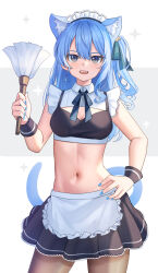Rule 34 | 1girl, absurdres, animal ear fluff, animal ears, aoi zerii, apron, black pantyhose, blue eyes, blue hair, blush, breasts, cat ears, cat girl, cat tail, cleavage, frilled sleeves, frills, hair between eyes, hair ornament, hair ribbon, highres, hololive, hoshimachi suisei, long hair, looking at viewer, maid headdress, medium breasts, midriff, navel, open mouth, pantyhose, ribbon, side ponytail, smile, solo, star (symbol), star in eye, symbol in eye, tail, virtual youtuber, white apron