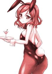 Rule 34 | 10s, 1girl, animal ears, ass, bow, closed mouth, cowboy shot, cup, detached collar, drinking glass, embarrassed, fake animal ears, fake tail, from behind, holding, leotard, looking at viewer, looking back, love live!, love live! school idol project, monochrome, nishikino maki, pantyhose, playboy bunny, rabbit ears, rabbit tail, shiromitsu suzaku, short hair, solo, standing, strapless, strapless leotard, tail, tray, wine glass