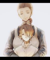Rule 34 | 1boy, 1girl, apron, bad id, bad pixiv id, black hair, blouse, brown hair, closed eyes, collared shirt, dress shirt, hair bun, hair over one eye, hug, hug from behind, isabella (yakusoku no neverland), letterboxed, long sleeves, mother and son, motherly, neck tattoo, number tattoo, open mouth, ray (yakusoku no neverland), roji (rozio), shirt, short hair, single hair bun, smile, spoilers, tattoo, uniform, white shirt, yakusoku no neverland