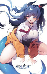 Rule 34 | 1girl, :d, absurdres, animal ears, black hair, black skirt, blue eyes, blush, breasts, collared shirt, commission, earrings, fang, hair between eyes, highres, jacket, jewelry, large breasts, long hair, long sleeves, open mouth, orange jacket, original, pleated skirt, school uniform, sen light, shirt, simple background, skirt, smile, socks, solo, squatting, tail, water drop, white background, white socks