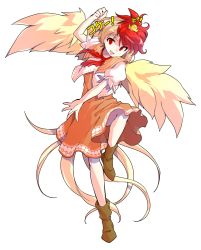 Rule 34 | 1girl, alphes (style), animal, animal on head, bird, bird tail, blonde hair, boots, brown footwear, chick, commentary request, dairi, dress, feathered wings, fighting stance, full body, highres, looking at viewer, multicolored hair, niwatari kutaka, on head, open mouth, orange dress, parody, puffy short sleeves, puffy sleeves, red eyes, red hair, red neckwear, shirt, short hair, short sleeves, smile, solo, standing, standing on one leg, style parody, tachi-e, tail, touhou, transparent background, two-tone hair, white shirt, wings