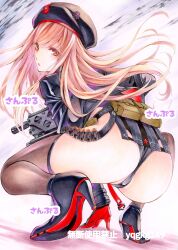 Rule 34 | 1girl, ammunition, anti-materiel cartridge, ass, ass focus, beret, black gloves, black hat, black jacket, black leotard, black thighhighs, blush, breasts, brown hair, cameltoe, cowboy shot, cropped jacket, explosive, female focus, from behind, gloves, goddess of victory: nikke, grenade, grenade cartridge, grenade launcher, gun, hat, high heels, highres, holding, holding gun, holding weapon, huge ass, jacket, large-caliber cartridge, leotard, leotard under clothes, long hair, looking at viewer, looking back, medium breasts, military hat, multicolored clothes, multicolored jacket, rapi (nikke), revealing clothes, simple background, skindentation, solo, squatting, thighhighs, thong, traditional media, translation request, two-tone gloves, two-tone jacket, underbarrel grenade launcher, watermark, weapon, white background, wide hips, yqgkg