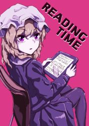 Rule 34 | 1girl, blonde hair, dress, english text, hat, highres, looking at viewer, maribel hearn, mob cap, pantyhose, purple dress, purple eyes, sitting, solo, tablet pc, text messaging, touhou, wasabisuke