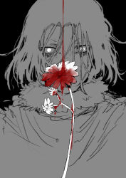 Rule 34 | 1boy, absurdres, artist name, blood, dated, flower, fur trim, haruho drst, highres, kagurabachi, looking at viewer, male focus, messy hair, solo, soujou genichi, spot color