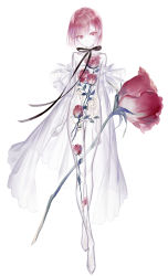 Rule 34 | 1girl, absurdres, arms behind back, barefoot, black ribbon, bob cut, collarbone, colored eyelashes, crossed legs, detached sleeves, flower, frills, full body, herbarium, highres, holding, holding flower, long eyelashes, looking at viewer, neck ribbon, nude, original, oversized flower, red eyes, red flower, red hair, ribbon, see-through, short hair, simple background, solo, standing, surreal, swept bangs, thigh gap, transparent, white background, yoggi (stretchmen)