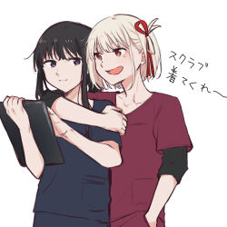 Rule 34 | 2girls, arm around neck, black hair, blonde hair, blue shirt, closed mouth, collarbone, commentary request, hair ribbon, hand in pocket, highres, inoue takina, long hair, lycoris recoil, multiple girls, nishikigi chisato, one side up, open mouth, ponytail, purple eyes, red eyes, red ribbon, red shirt, ribbon, shirt, short hair, short sleeves, sidelocks, simple background, translation request, white background, yarou (0tyaro)