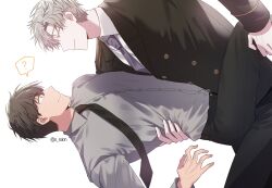 Rule 34 | 2boys, ?, black necktie, black pants, blue necktie, brown hair, carrying, carrying person, closed eyes, collared shirt, highres, ilay riegrow, jeong taeui, male focus, multiple boys, necktie, o ssion, pants, passion (manhwa), shirt, short hair, simple background, single arm hug, smile, speech bubble, spoken question mark, white background, white hair, white shirt, yaoi