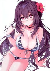 Rule 34 | 1girl, absurdres, arm support, bikini, black hair, blush, bracelet, breasts, choker, cleavage, closed mouth, cu-no, flower, front-tie bikini top, front-tie top, glasses, hair flower, hair ornament, hand up, hibiscus, highres, hisen kaede, jewelry, kokonoe tamaki, large breasts, long hair, looking at viewer, navel, red eyes, scan, shiny skin, simple background, sitting, smile, solo, stomach, striped bikini, striped clothes, swimsuit, white background