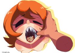 Rule 34 | 1girl, 1other, absurdres, artist name, blush, breasts, chromodomo, cum, cum in mouth, cum on tongue, disembodied hand, half-closed eye, highres, looking at viewer, looking up, male hand, mouth pull, open mouth, orange hair, peacock (skullgirls), pov, pov hands, pulling another&#039;s clothes, sharp teeth, short hair, simple background, skullgirls, small breasts, solo focus, teeth, tongue, uvula, white background