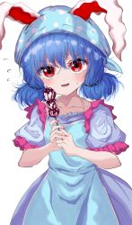 Rule 34 | 1girl, apron, arms up, blue dress, blue hair, blue headwear, blush, chocolate drip, commentary request, cowboy shot, dango, dress, fingernails, flying sweatdrops, food, hair between eyes, head scarf, highres, holding, holding food, kayon (touzoku), looking at viewer, low twintails, nail polish, open mouth, puffy short sleeves, puffy sleeves, red eyes, seiran (touhou), sharp fingernails, short hair, short sleeves, simple background, standing, symbol-only commentary, touhou, twintails, wagashi, white background