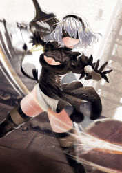 Rule 34 | 1girl, absurdres, black blindfold, black dress, black gloves, black hair, black thighhighs, blindfold, boots, breasts, cleavage, cleavage cutout, clothes lift, clothing cutout, dress, dress lift, facing viewer, feather-trimmed sleeves, fighting, floating, floating object, floating sword, floating weapon, frown, gloves, highres, holding, holding sword, holding weapon, juliet sleeves, kai ai, katana, large breasts, leotard, long bangs, long sleeves, machine (nier), mole, mole under mouth, nier:automata, nier (series), outstretched arms, pod (nier:automata), puffy sleeves, ruins, short hair, spread legs, swinging, sword, thigh boots, thighhighs, thighhighs under boots, thong leotard, weapon, white hair, 2b (nier:automata)