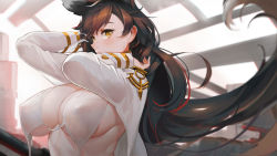 Rule 34 | 1girl, absurdres, animal ears, arms behind head, atago (azur lane), azur lane, black hair, blush, bra, breasts, brown eyes, covered erect nipples, day, floating hair, hair ornament, hair ribbon, highres, indoors, jacket, large breasts, long hair, looking at viewer, military, military uniform, mole, mole under eye, open bra, open clothes, open jacket, pandea work, ribbon, solo, underwear, uniform, white bra