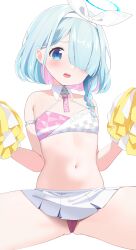 Rule 34 | 1girl, aamana0, absurdres, arona (blue archive), bare shoulders, blue archive, blue eyes, blue hair, blush, cheerleader, collar, colored inner hair, commentary request, cosplay, crop top, detached collar, flat chest, hair over one eye, hairband, halo, highres, holding, holding pom poms, looking at viewer, microskirt, millennium cheerleader outfit (blue archive), multicolored hair, navel, open mouth, panties, pantyshot, pink hair, pink panties, pleated skirt, pom pom (cheerleading), pom poms, short hair, simple background, skirt, solo, stomach, streaked hair, underwear, white background, white collar, white hairband, white skirt