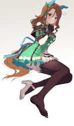 Rule 34 | 1girl, absurdres, anger vein, animal ears, black gloves, black thighhighs, blush, bow, breasts, brown hair, closed mouth, dress, ear covers, frilled dress, frills, full body, gloves, green bow, green dress, hair bow, highres, horse ears, horse girl, horse tail, kgs (2806489002), king halo (umamusume), long hair, looking at viewer, medium breasts, no shoes, off-shoulder dress, off shoulder, pout, red eyes, short sleeves, soles, solo, tail, thighhighs, umamusume, v-shaped eyebrows, wavy hair, white background