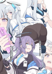 Rule 34 | 1boy, 2girls, ass, blue archive, blue necktie, breasts, collared shirt, dildo, formal, grabbing, grabbing another&#039;s breast, grabbing another's breast, grey hair, guided breast grab, guiding hand, hair between eyes, headphones, jacket, large breasts, long hair, looking at viewer, looking back, multiple girls, multiple views, necktie, noa (blue archive), open clothes, open jacket, open mouth, purple eyes, sensei (blue archive), sex toy, shirt, shiseki hirame, skirt, smile, suit, translation request, uniform, white background, white jacket, white shirt, white skirt, white suit, yuuka (blue archive)