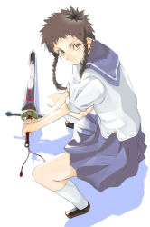Rule 34 | 00s, 1girl, blue skirt, braid, brown hair, colored shadow, full body, holding, holding sword, holding weapon, kabocha (monkey4), kneehighs, looking at viewer, minagi mikoto, my-hime, pleated skirt, puffy short sleeves, puffy sleeves, school uniform, serafuku, serious, shadow, shoes, short sleeves, side braids, simple background, skirt, socks, solo, spiked hair, squatting, sword, twin braids, two-handed, v-shaped eyebrows, weapon, white background, white socks, yellow eyes