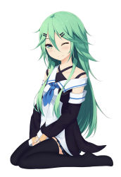 Rule 34 | 10s, 1girl, ;), alternate hairstyle, between legs, black serafuku, black skirt, black thighhighs, blue neckerchief, blush, collarbone, detached sleeves, full body, green eyes, green hair, hair between eyes, hair down, hair ornament, hairclip, halterneck, hand between legs, highres, kantai collection, long hair, looking away, matching hair/eyes, md5 mismatch, neckerchief, no shoes, off shoulder, one eye closed, parted bangs, pleated skirt, rumaki, school uniform, self-upload, serafuku, sidelocks, simple background, sitting, skirt, sleeves past wrists, smile, solo, thighhighs, wariza, white background, yamakaze (kancolle)
