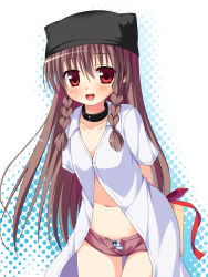 Rule 34 | 1girl, :d, arms behind back, asa no ha (awayuki), blush, borrowed character, bow, bow panties, braid, brown hair, choker, collarbone, dress shirt, gift, hat, leaning forward, navel, open fly, open mouth, original, panties, red eyes, ribbon, shirt, short shorts, shorts, smile, solo, striped clothes, striped panties, tenihaba nana, unbuttoned, underwear, unzipped