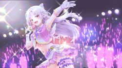Rule 34 | 1girl, :d, bow, bridal garter, ciawasemono, copyright request, cowboy shot, crescent, crescent earrings, earrings, gloves, glowstick, highres, holding, holding microphone, idol, idol clothes, jewelry, long hair, microphone, navel, open mouth, outstretched arm, outstretched hand, pointy ears, purple bow, red eyes, skirt, smile, solo, white gloves, white hair