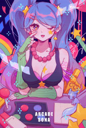 Rule 34 | 1girl, absurdres, arcade sona, artist name, bare shoulders, bead necklace, beads, blush, bra, breasts, character name, cleavage, collarbone, controller, fingerless gloves, gloves, green gloves, hair ornament, hairclip, hand up, highres, jewelry, large breasts, league of legends, necklace, one eye closed, pink bra, ruan chen yue, solo, sona (league of legends), star (symbol), star hair ornament, star tattoo, tattoo, twintails, underwear
