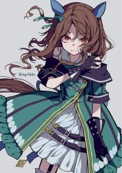 Rule 34 | 1girl, absurdres, animal ears, bare shoulders, black gloves, brown hair, character name, clenched teeth, collared dress, commentary request, dress, frilled jacket, frills, garter straps, gloves, green jacket, grey background, hair between eyes, hand on own shoulder, hand up, highres, horse ears, horse girl, horse tail, jacket, king halo (umamusume), long hair, looking at viewer, off shoulder, parted bangs, red eyes, short sleeves, simple background, sleeveless, sleeveless dress, solo, tail, teeth, toake mikage, umamusume, v-shaped eyebrows, very long hair, white dress