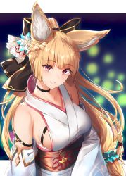 Rule 34 | 1girl, animal ears, black choker, black ribbon, blonde hair, blush, bow, braid, breasts, choker, collarbone, commentary request, detached sleeves, erune, flower, gen (gen 7254), granblue fantasy, hair bow, hair flower, hair ornament, hair ribbon, hair scrunchie, high ponytail, highres, japanese clothes, kimono, large breasts, long hair, looking at viewer, obi, parted lips, ponytail, red eyes, ribbon, sash, scrunchie, sideboob, smile, upper body, very long hair, yuisis (granblue fantasy)