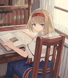 Rule 34 | 1girl, alice margatroid, bad id, bad pixiv id, blonde hair, blue dress, blue eyes, blue skirt, book, bookshelf, bow, capelet, chair, closed mouth, curtains, desk, dot nose, dress, frilled hairband, frills, from behind, hair bow, hairband, headband, highres, indoors, lolita hairband, looking at viewer, looking back, on chair, ookashippo, open book, reading, red hairband, red headband, red sash, sash, short hair, sitting, skirt, smile, solo, table, touhou, turning around, white capelet, window, wooden chair, wooden table