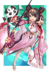 Rule 34 | 1girl, black hair, blue eyes, breasts, chinese clothes, dragalia lost, gurugurere, hand fan, highres, holding, holding fan, holding staff, lin you, looking at viewer, navel, open mouth, panda, pointing, pointing at viewer, smile, staff